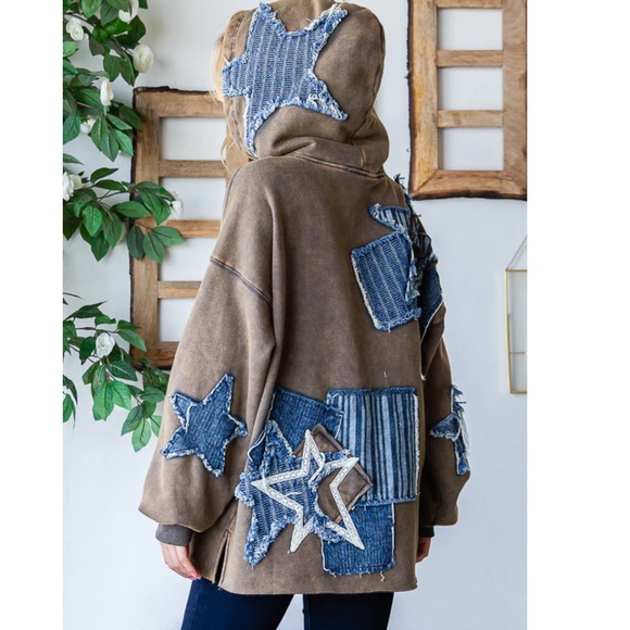 Oli & Hali Star Denim Patchwork Mineral Wash Hoodie Sweater - Picture 5 of 7